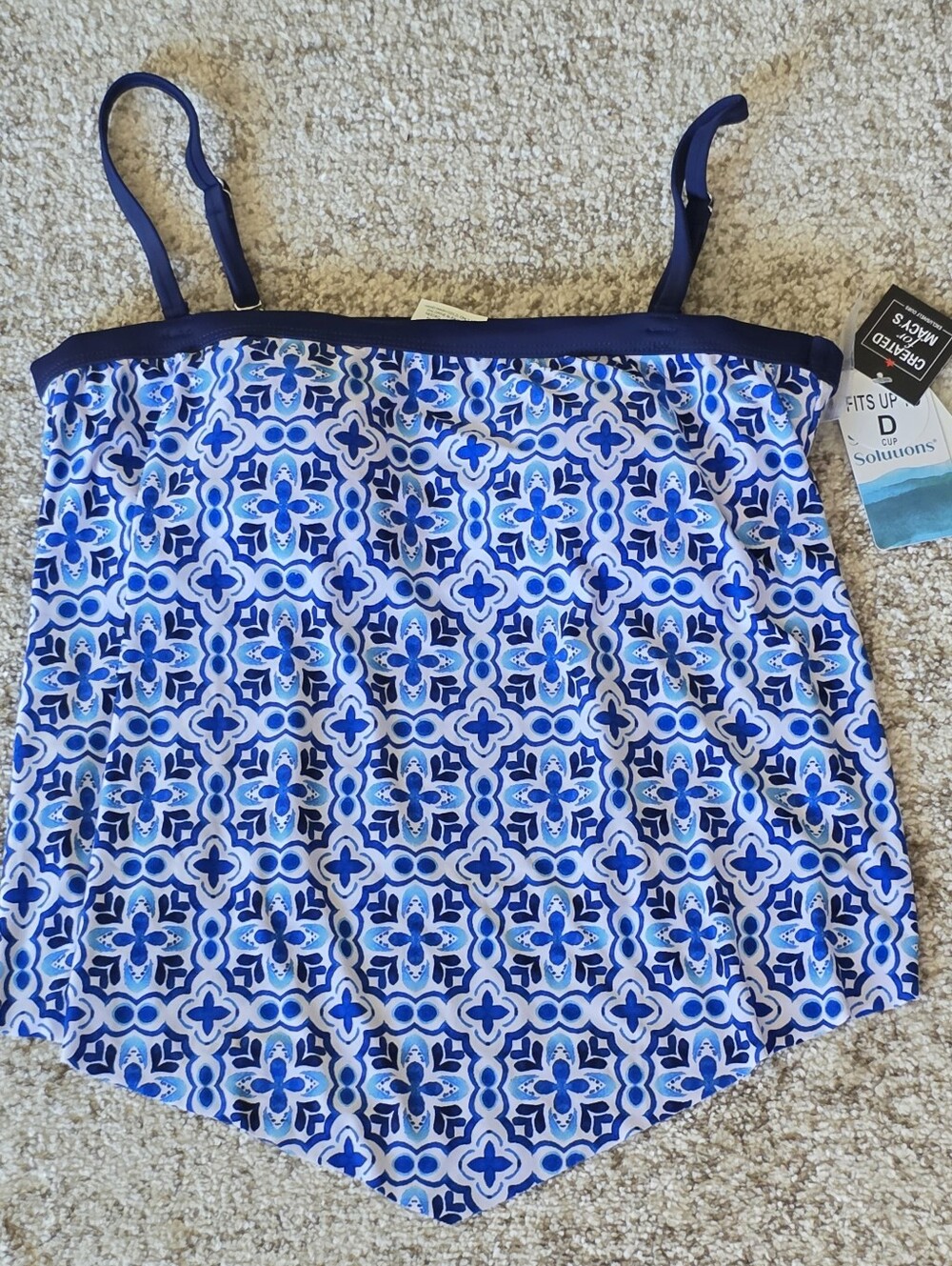 NWT Swim Solutions Blue Bandeau Scarf Hem Tankini Swim Top Fits Up To D Cup Sz 8